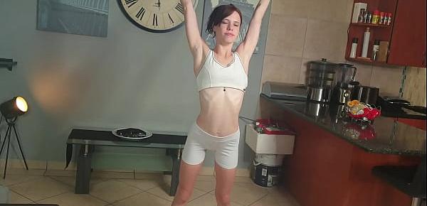  Skinny girl pissing on her own face and in her mouth through white pants